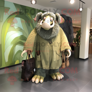 Olive Mammoth mascot costume character dressed with a Raincoat and Handbags