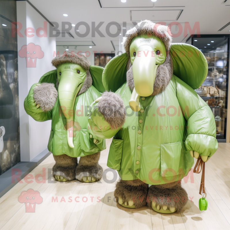 Olive Mammoth mascot costume character dressed with a Raincoat and Handbags