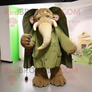 Olive Mammoth mascot costume character dressed with a Raincoat and Handbags