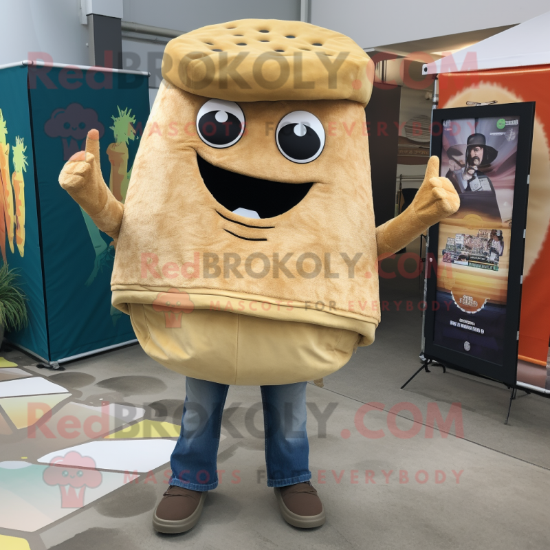 Tan Tacos mascot costume character dressed with a Jeans and Earrings Tan Tacos mascot costume character dressed with a Jeans and Earrings