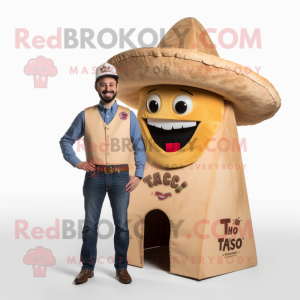 Tan Tacos mascot costume character dressed with a Jeans and Earrings