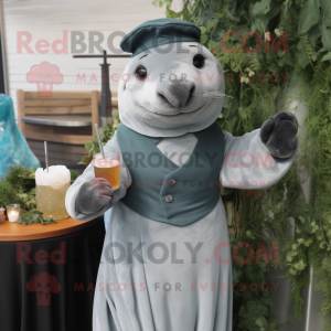Gray Seal mascot costume character dressed with a Cocktail Dress and Berets