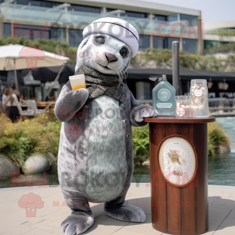 Gray Seal mascot costume character dressed with a Cocktail Dress and Berets