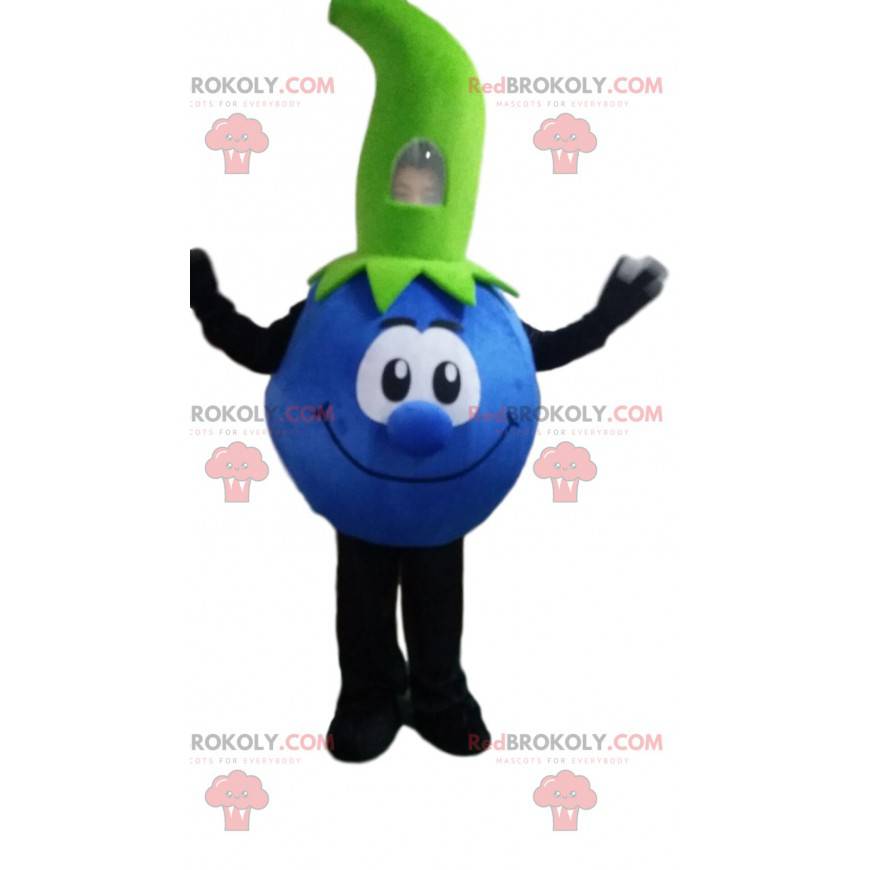 Blaubeermaskottchen, blaues Fruchtkostüm, rote Frucht -