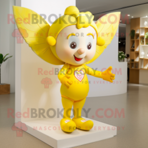 Lemon Yellow Cupid mascot costume character dressed with a Vest and Brooches
