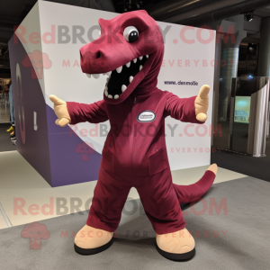 Maroon Diplodocus mascot costume character dressed with a Jumpsuit and Foot pads