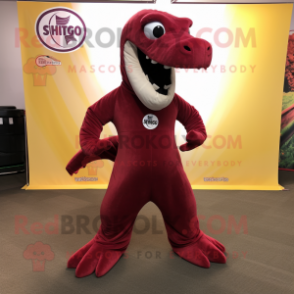 Maroon Diplodocus mascot costume character dressed with a Jumpsuit and Foot pads