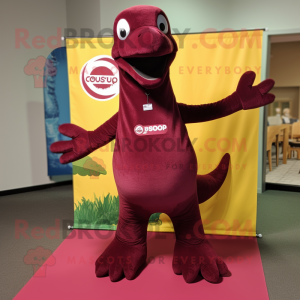 Maroon Diplodocus mascot costume character dressed with a Jumpsuit and Foot pads
