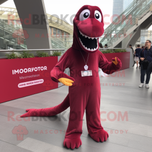 Maroon Diplodocus mascot costume character dressed with a Jumpsuit and Foot pads