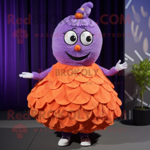 Purple Grapefruit mascot costume character dressed with a Pleated Skirt and Hairpins