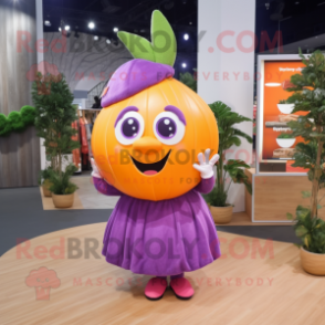 Purple Grapefruit mascot costume character dressed with a Pleated Skirt and Hairpins
