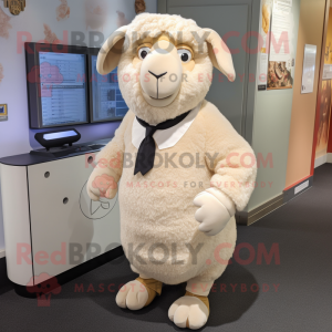 Beige Suffolk Sheep mascot costume character dressed with a A-Line Skirt and Tie pins