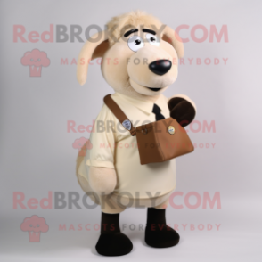 Beige Suffolk Sheep mascot costume character dressed with a A-Line Skirt and Tie pins