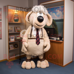 Beige Suffolk Sheep mascot costume character dressed with a A-Line Skirt and Tie pins