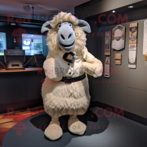 Beige Suffolk Sheep mascot costume character dressed with a A-Line Skirt and Tie pins