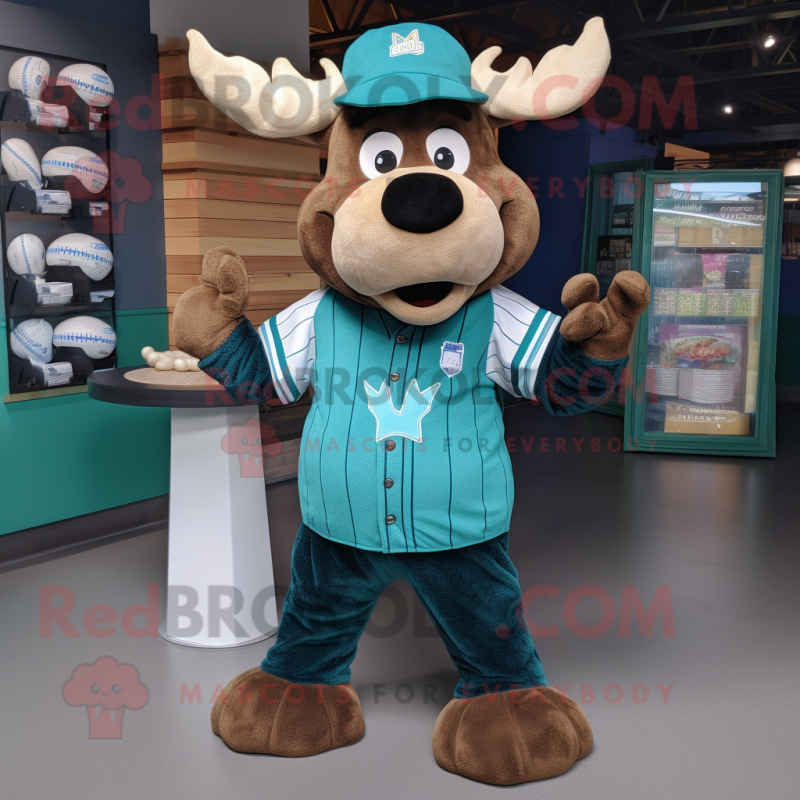 Teal Moose mascot costume character dressed with a Baseball Tee and Backpacks