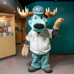 Teal Moose mascot costume character dressed with a Baseball Tee and Backpacks