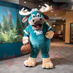 Teal Moose mascot costume character dressed with a Baseball Tee and Backpacks