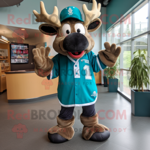 Teal Moose mascot costume character dressed with a Baseball Tee and Backpacks