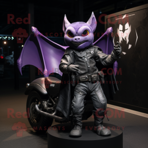 Purple Bat mascot costume character dressed with a Moto Jacket and Wraps