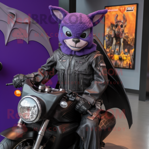 Purple Bat mascot costume character dressed with a Moto Jacket and Wraps