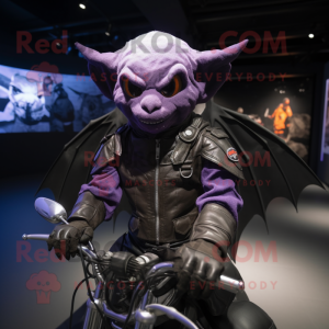 Purple Bat mascot costume character dressed with a Moto Jacket and Wraps