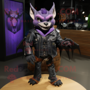 Purple Bat mascot costume character dressed with a Moto Jacket and Wraps