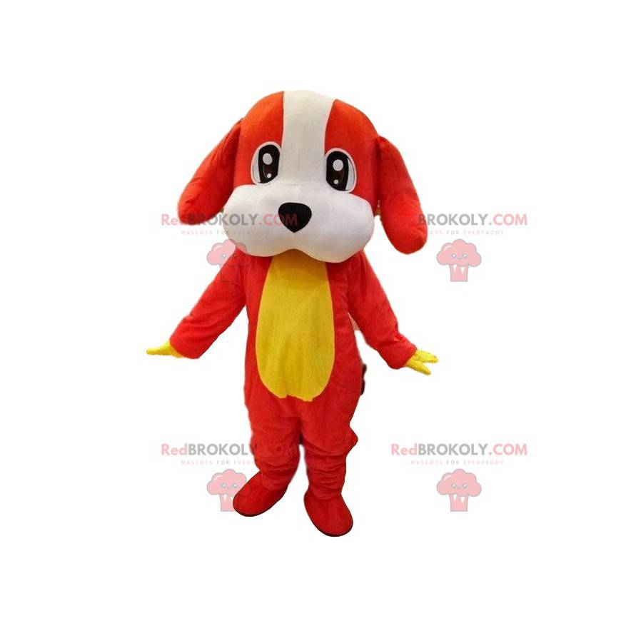 Red, white and yellow dog mascot, canine costume -