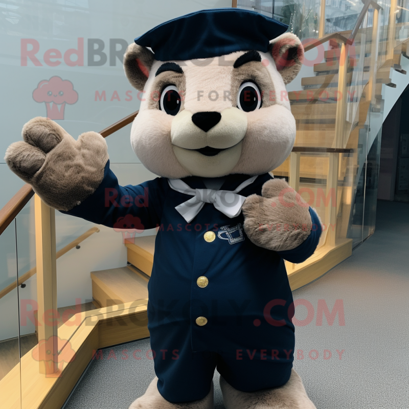 Navy Marten mascot costume character dressed with a Sheath Dress and Mittens Navy Marten mascot costume character dressed with a Sheath Dress and Mittens