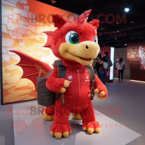 Red Dragon mascot costume character dressed with a Romper and Backpacks