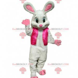 Mascote coelho branco em traje rosa, fantasia de Páscoa -