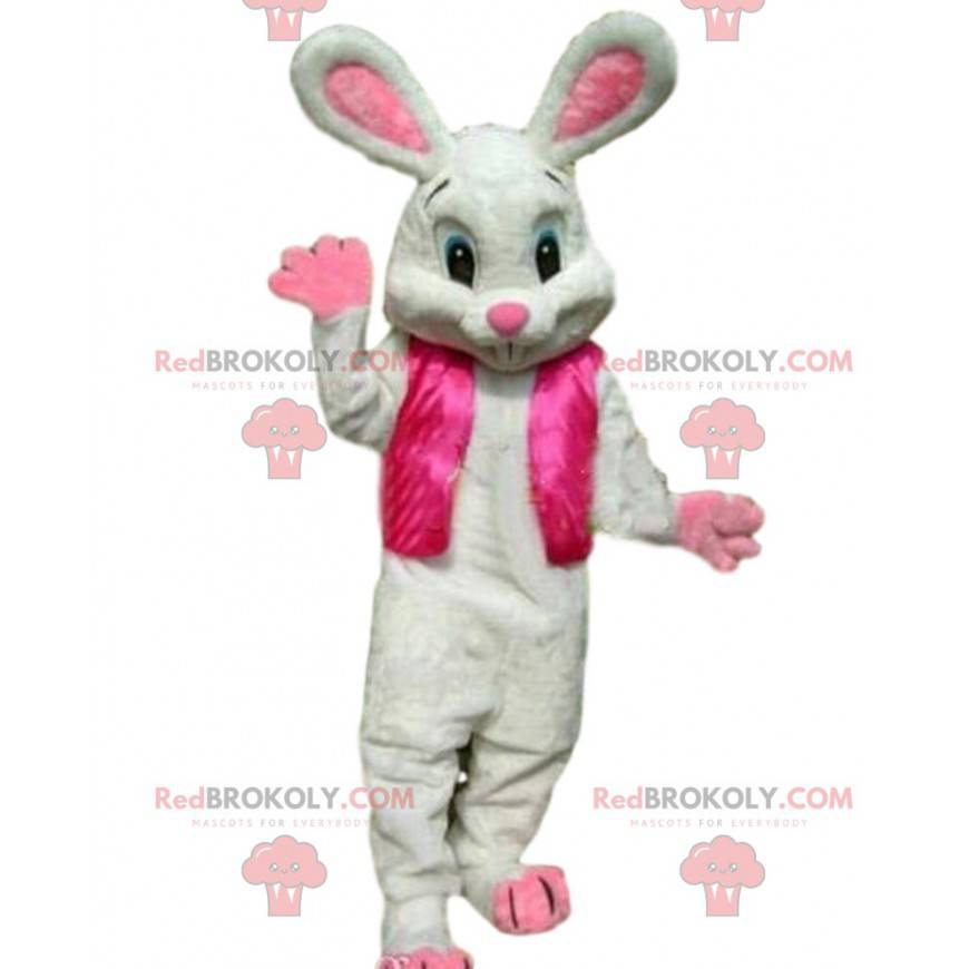 Biały królik maskotka w różowym stroju, kostium wielkanocny -