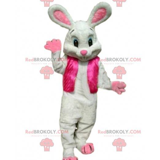 Weißes Kaninchenmaskottchen im rosa Outfit, Osterkostüm -