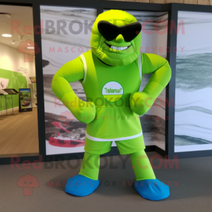 Lime Green Superhero mascot costume character dressed with a Board Shorts and Headbands