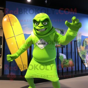 Lime Green Superhero mascot costume character dressed with a Board Shorts and Headbands