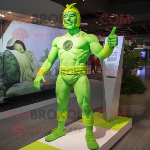 Lime Green Superhero mascot costume character dressed with a Board Shorts and Headbands