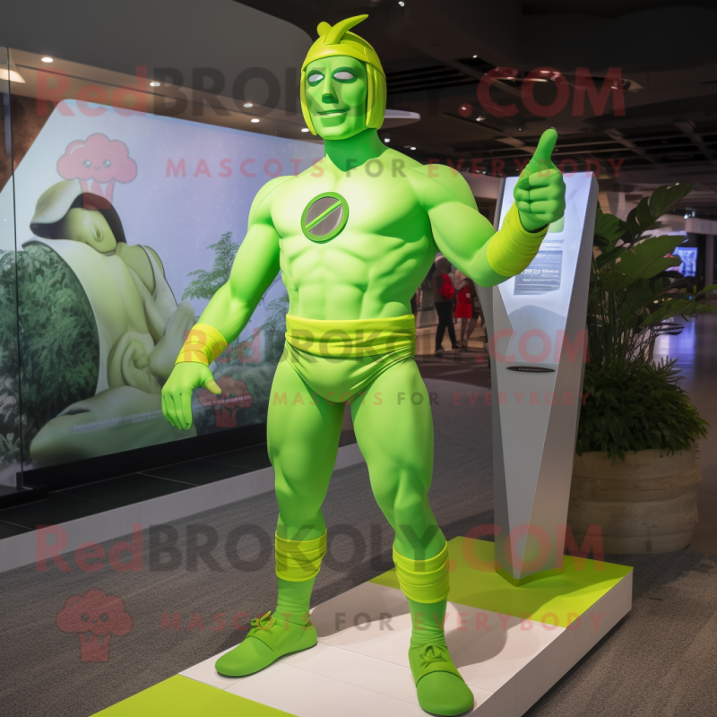 Lime Green Superhero mascot costume character dressed with a Board Shorts and Headbands Lime Green Superhero mascot costume character dressed with a Board Shorts and Headbands