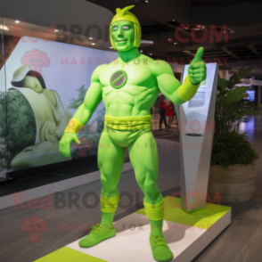 Lime Green Superhero mascot costume character dressed with a Board Shorts and Headbands