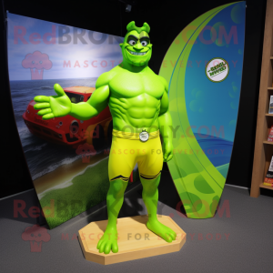 Lime Green Superhero mascot costume character dressed with a Board Shorts and Headbands