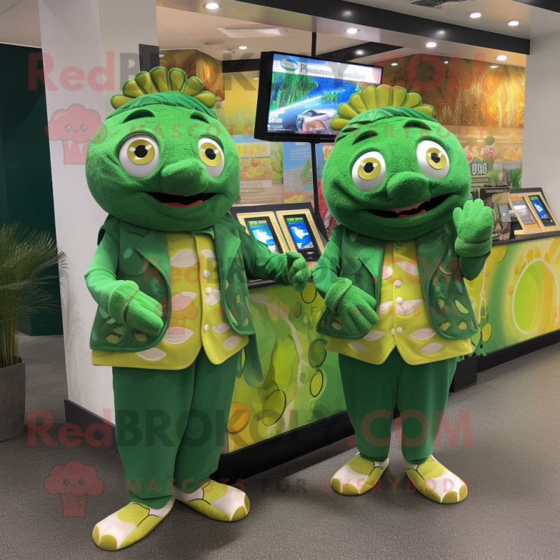 Forest Green Fish And Chips mascot costume character dressed with a Bermuda Shorts and Coin purses