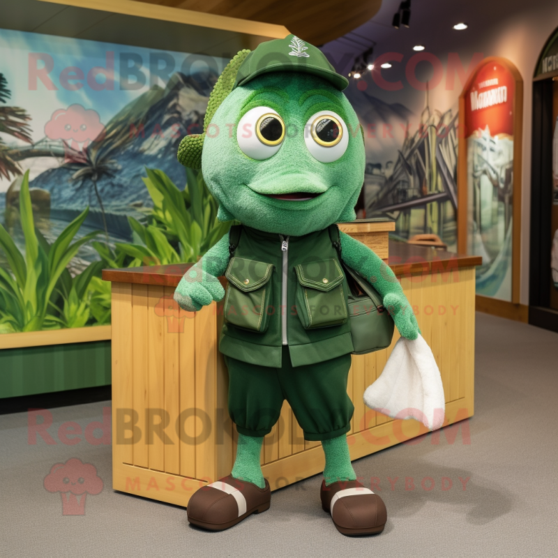 Forest Green Fish And Chips mascot costume character dressed with a Bermuda Shorts and Coin purses