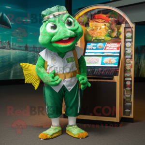 Forest Green Fish And Chips mascot costume character dressed with a Bermuda Shorts and Coin purses