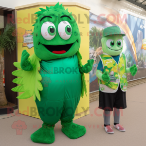 Forest Green Fish And Chips mascot costume character dressed with a Bermuda Shorts and Coin purses
