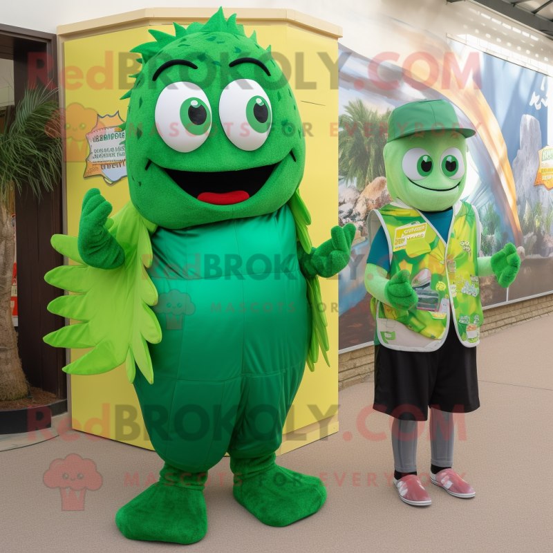 Forest Green Fish And Chips mascot costume character dressed with a Bermuda Shorts and Coin purses