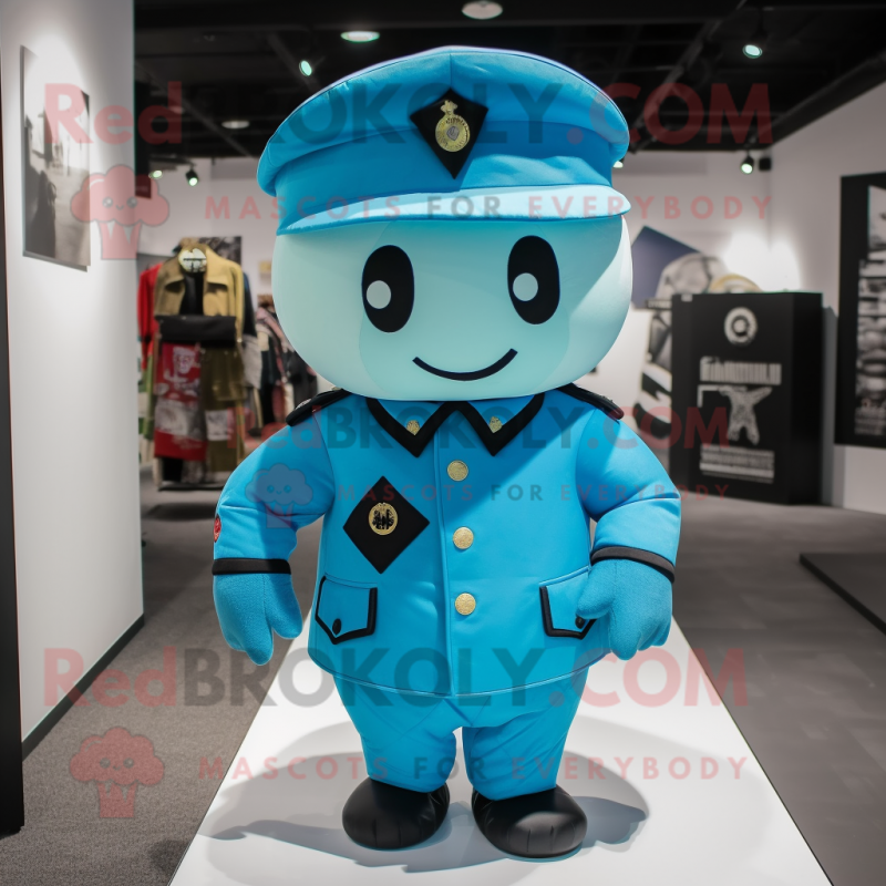 Cyan Army Soldier mascot costume character dressed with a Jacket and Tie pins Cyan Army Soldier mascot costume character dressed with a Jacket and Tie pins