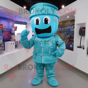 Cyan Army Soldier mascot costume character dressed with a Jacket and Tie pins