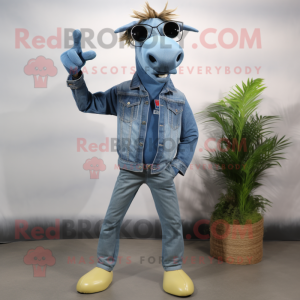 Olive Quagga mascot costume character dressed with a Denim Shirt and Sunglasses