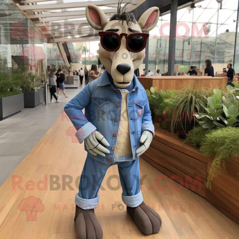 Olive Quagga mascot costume character dressed with a Denim Shirt and Sunglasses Olive Quagga mascot costume character dressed with a Denim Shirt and Sunglasses