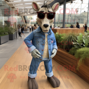 Olive Quagga mascot costume character dressed with a Denim Shirt and Sunglasses