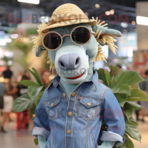 Olive Quagga mascot costume character dressed with a Denim Shirt and Sunglasses